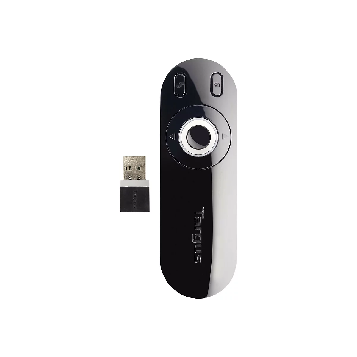 Schwarzer Targus Präsentations-Pointer mit USB-Empfänger auf weißem Hintergrund.