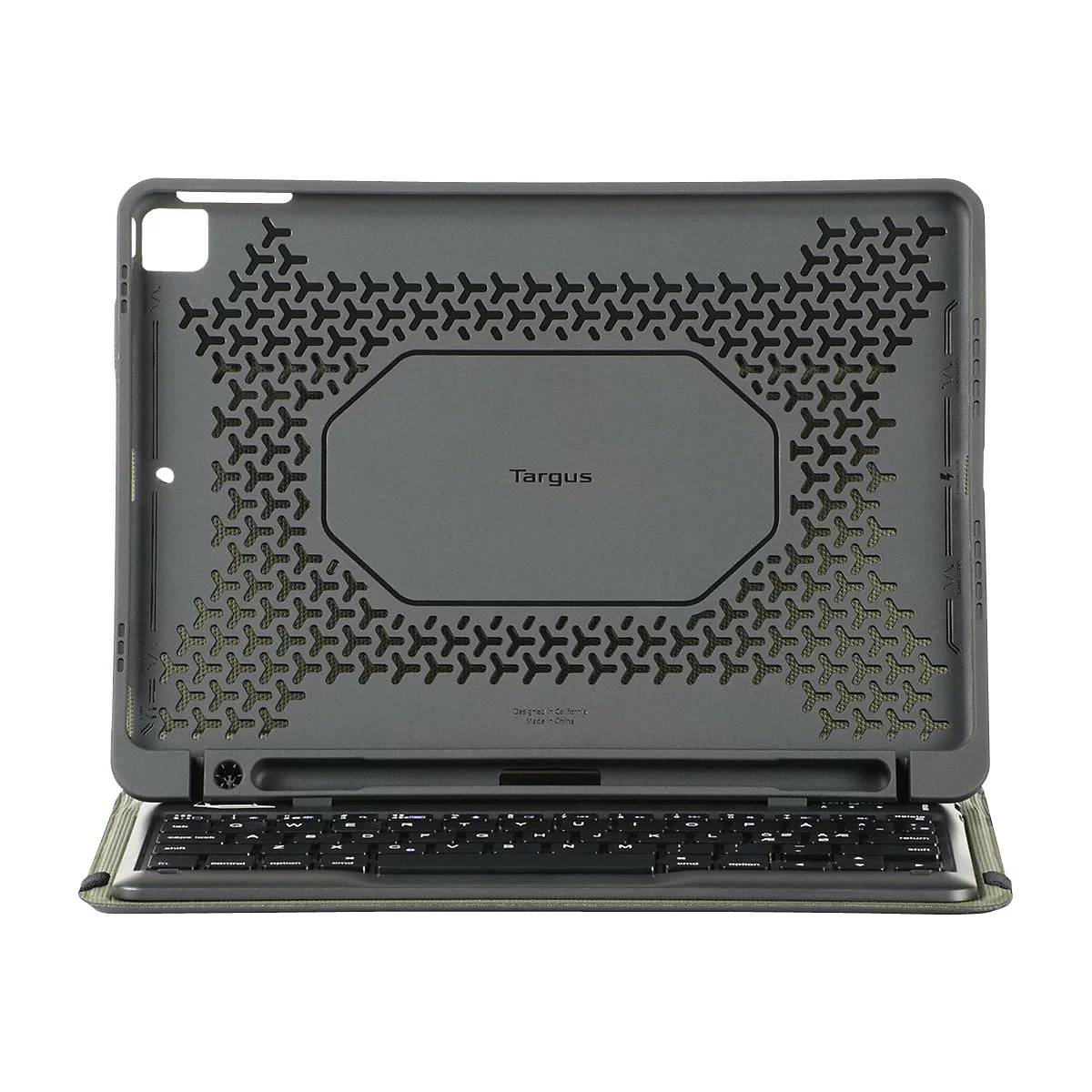 Dunkelgraue Targus Tablet-Schutzhülle mit integrierter Tastatur vor weißem Hintergrund.