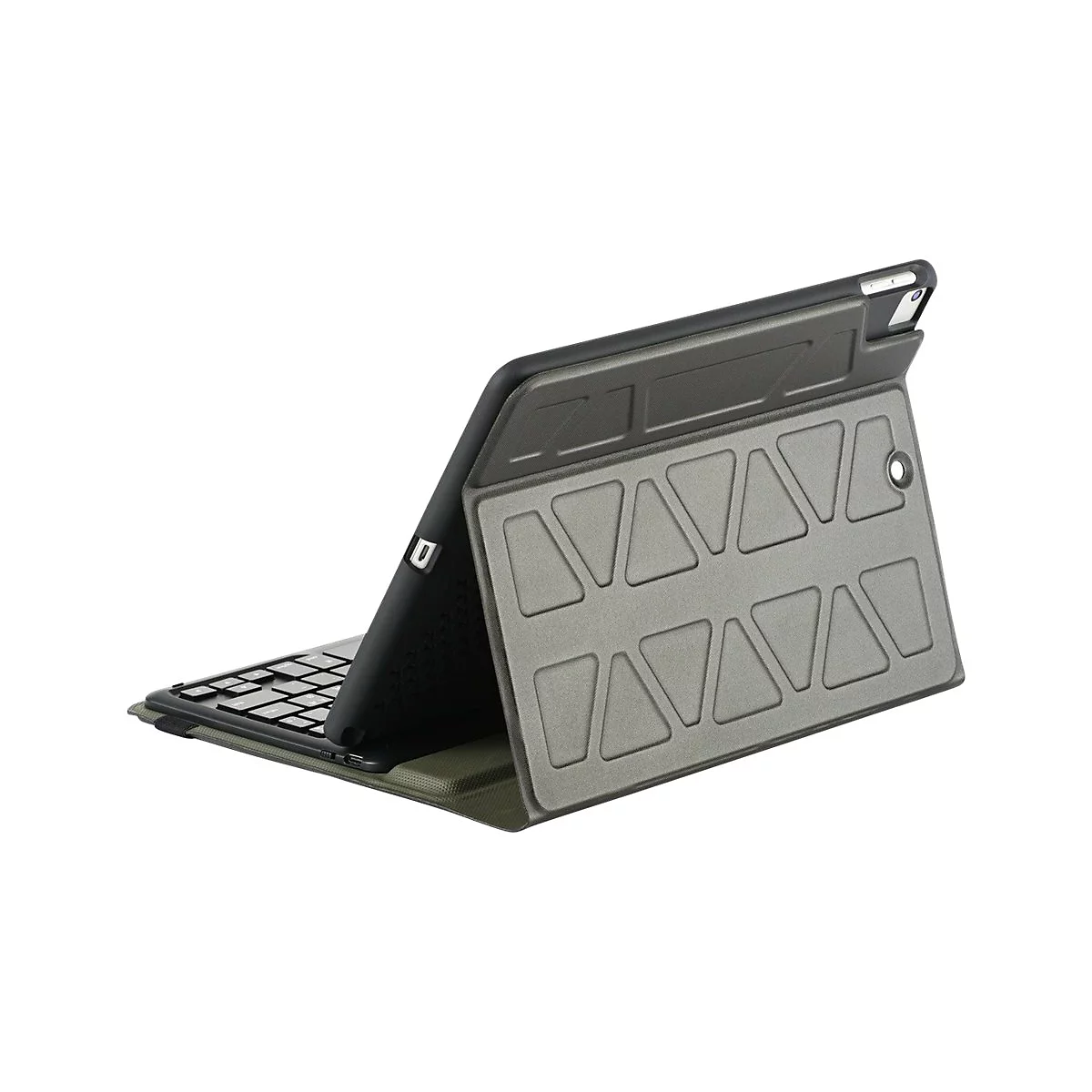 Tablet in olivgrüner Schutzhülle mit integrierter Tastatur, von hinten in Standposition dargestellt.