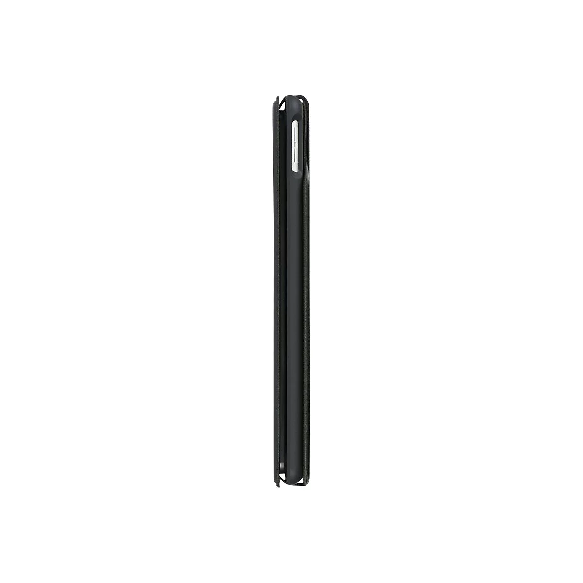 Seitliche Ansicht einer schwarzen Schutzhülle für ein Smartphone auf weißem Hintergrund.