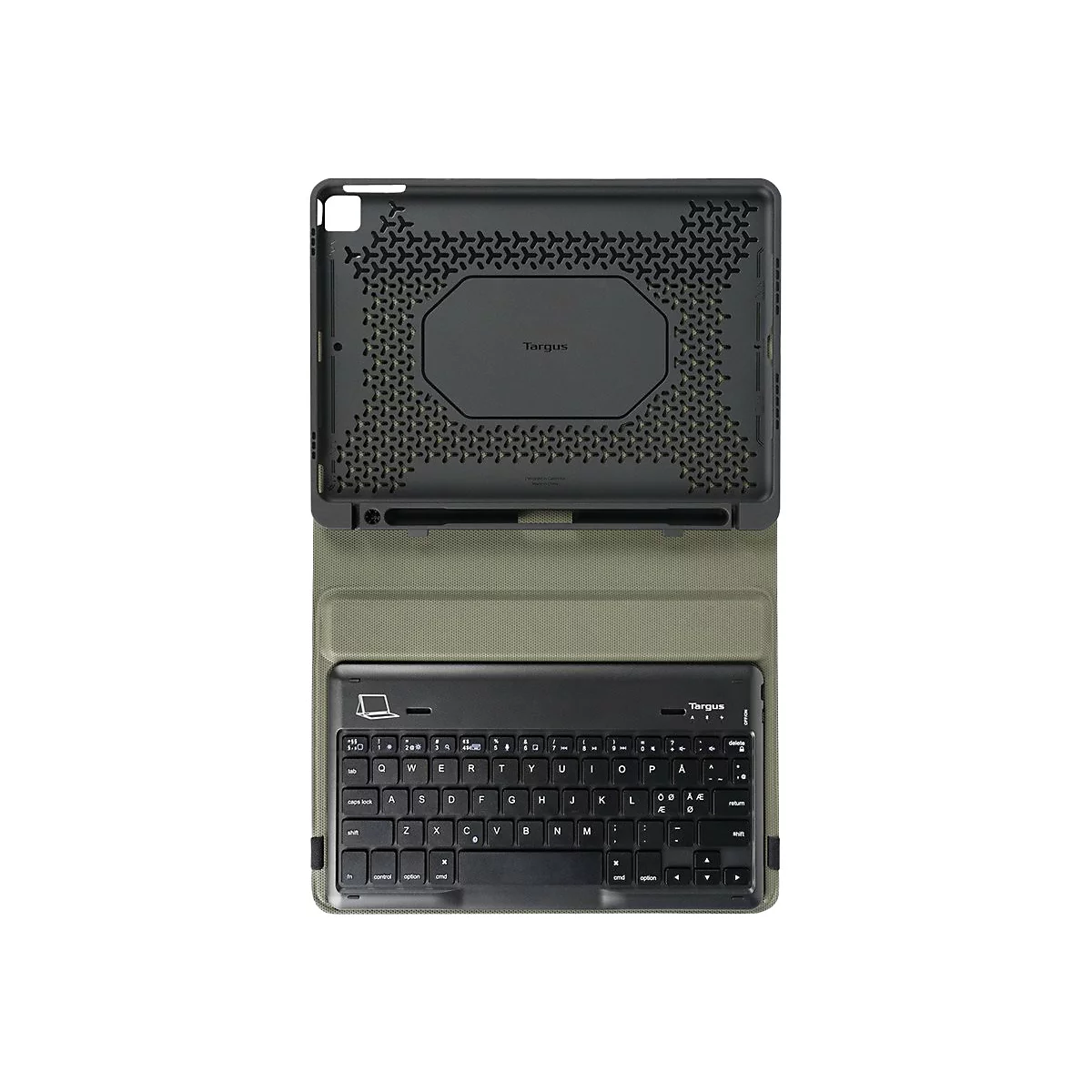 Targus Tastatur-Case in Olivgrün mit schwarzer Tablet-Halterung, flache QWERTY-Tastatur, Draufsicht.