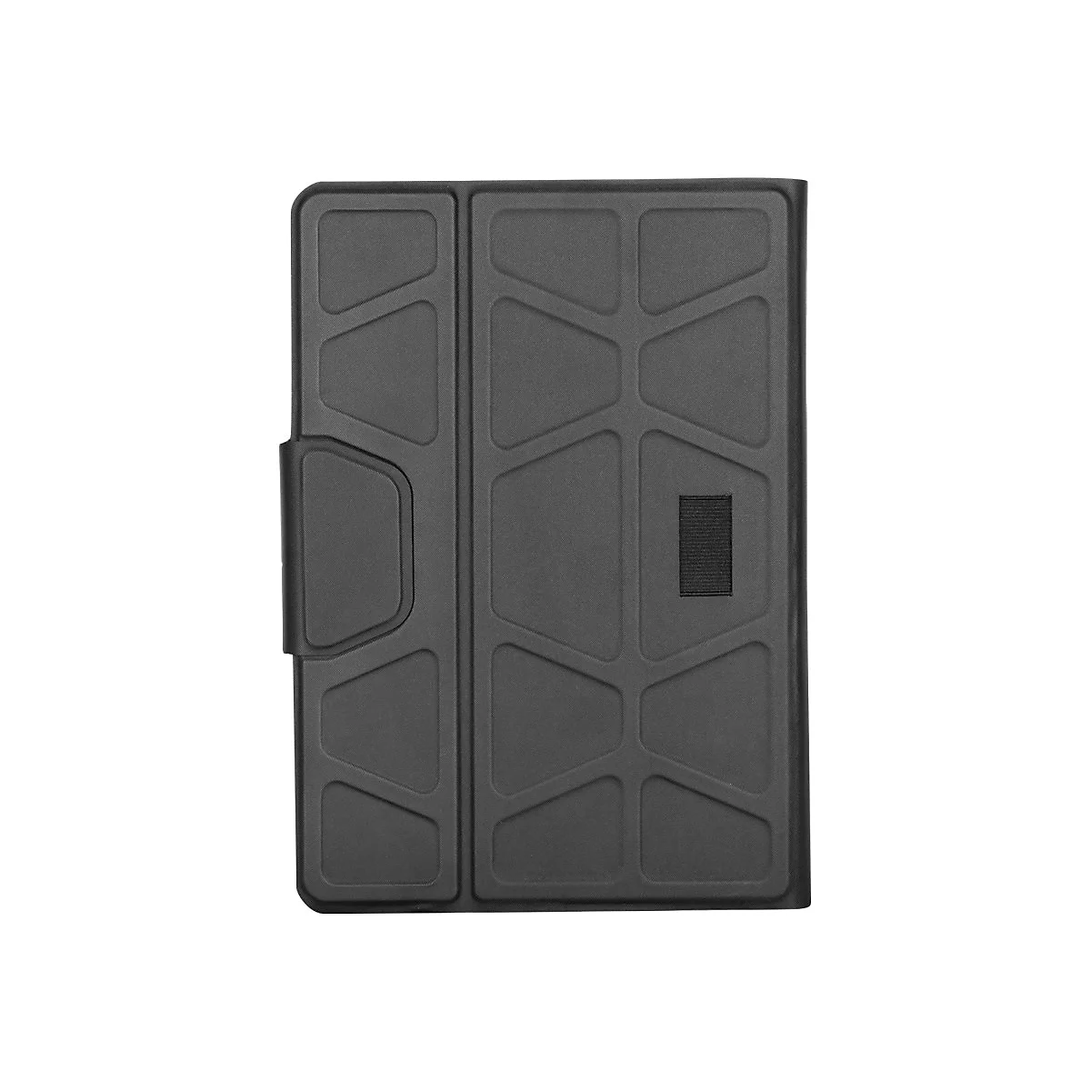 Schwarze, faltbare Tablet-Schutzhülle in geschlossener Ansicht auf weißem Hintergrund.