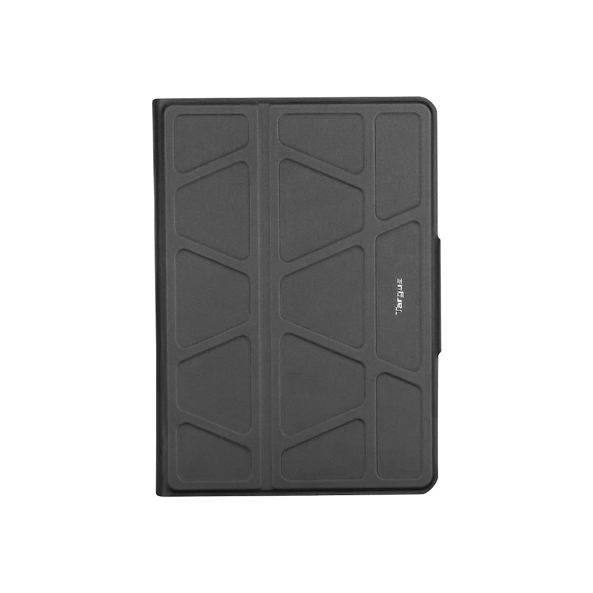 Schwarze Targus-Tablethülle mit geometrischem Muster auf weißem Hintergrund.