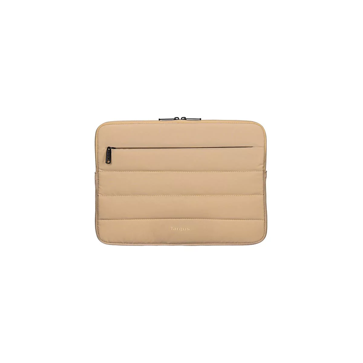 Beige Laptoptasche mit Reißverschluss, gepolstert, mit dem Targus Logo.