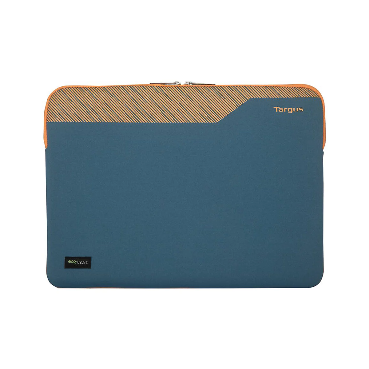 Housse d'ordinateur portable bleue avec design orange. Logos "Targus" et "eco/smart" visibles.