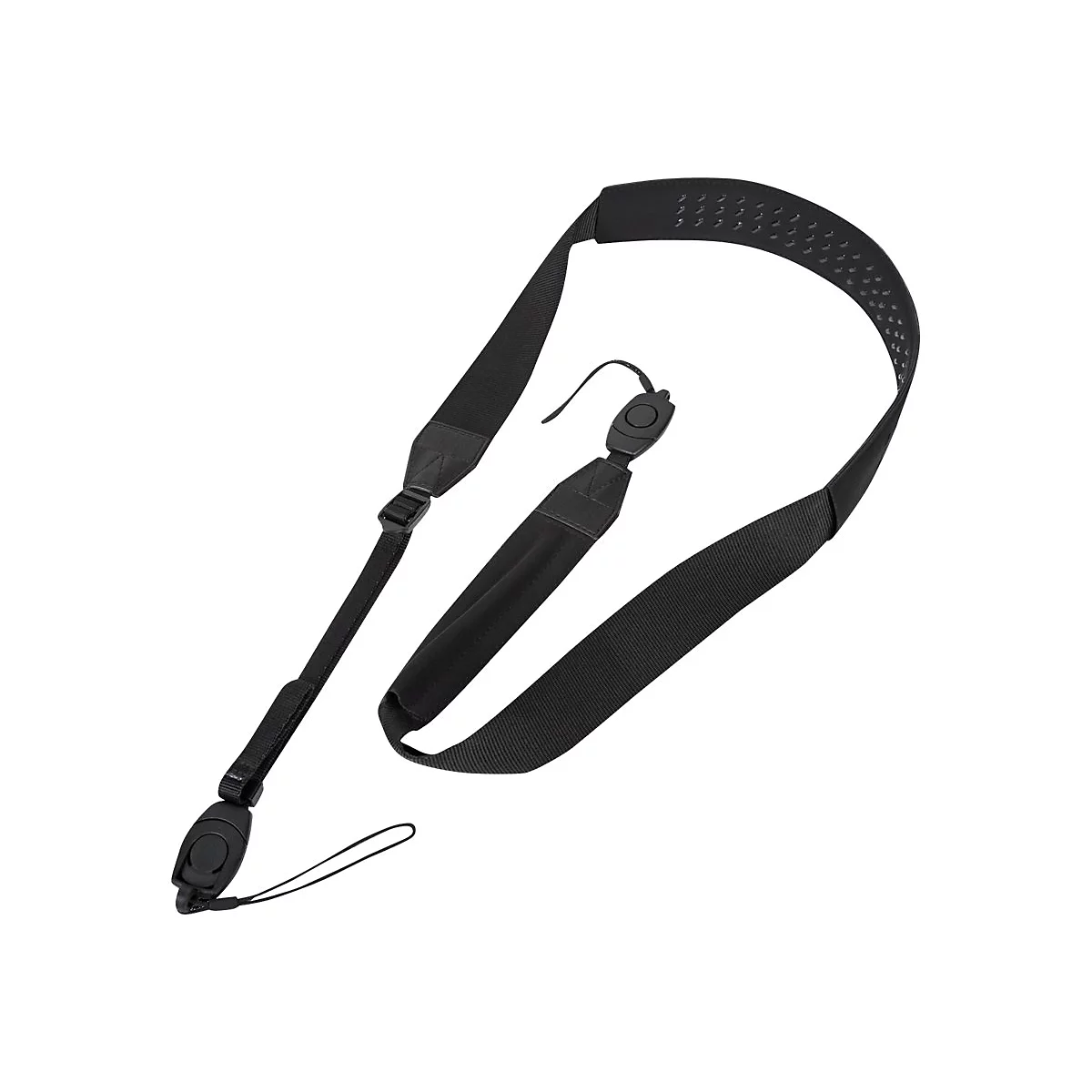 Sangle d'appareil photo noire sur fond blanc. La sangle a un coussinet de nuque rembourré et une fermeture réglable.