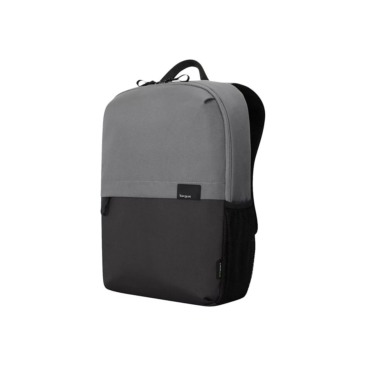 Grauer und schwarzer Laptop-Rucksack. Der Rucksack hat zwei Fächer, ein kleines Logo und einen Tragegriff.