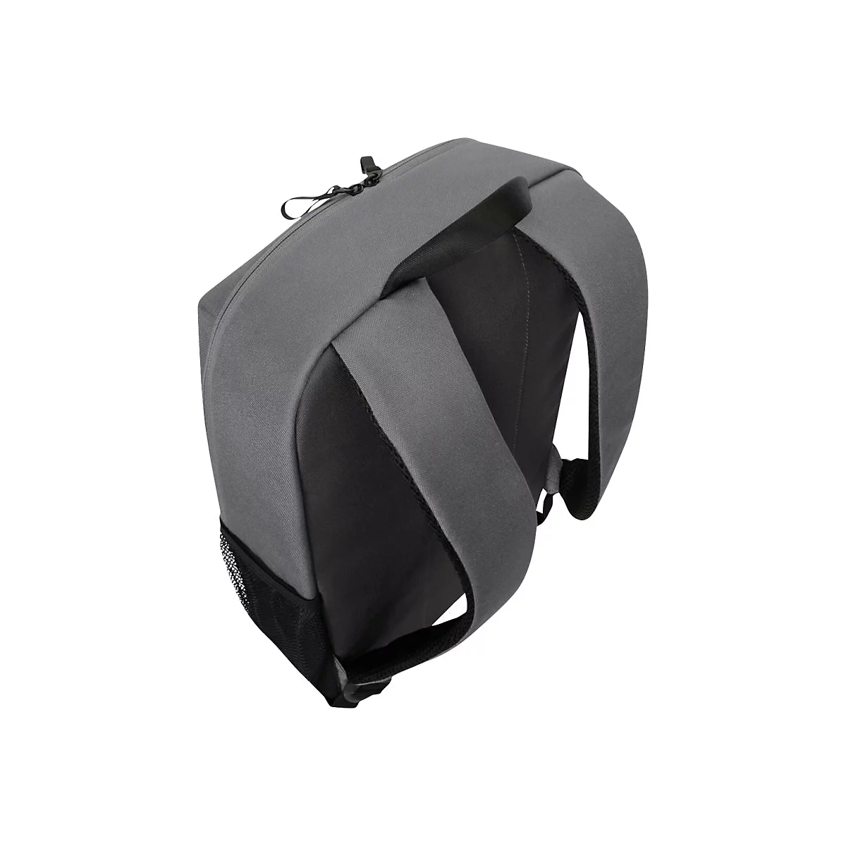 Grauer Rucksack in schräger Ansicht. Detailansicht der Träger und Reißverschluss.