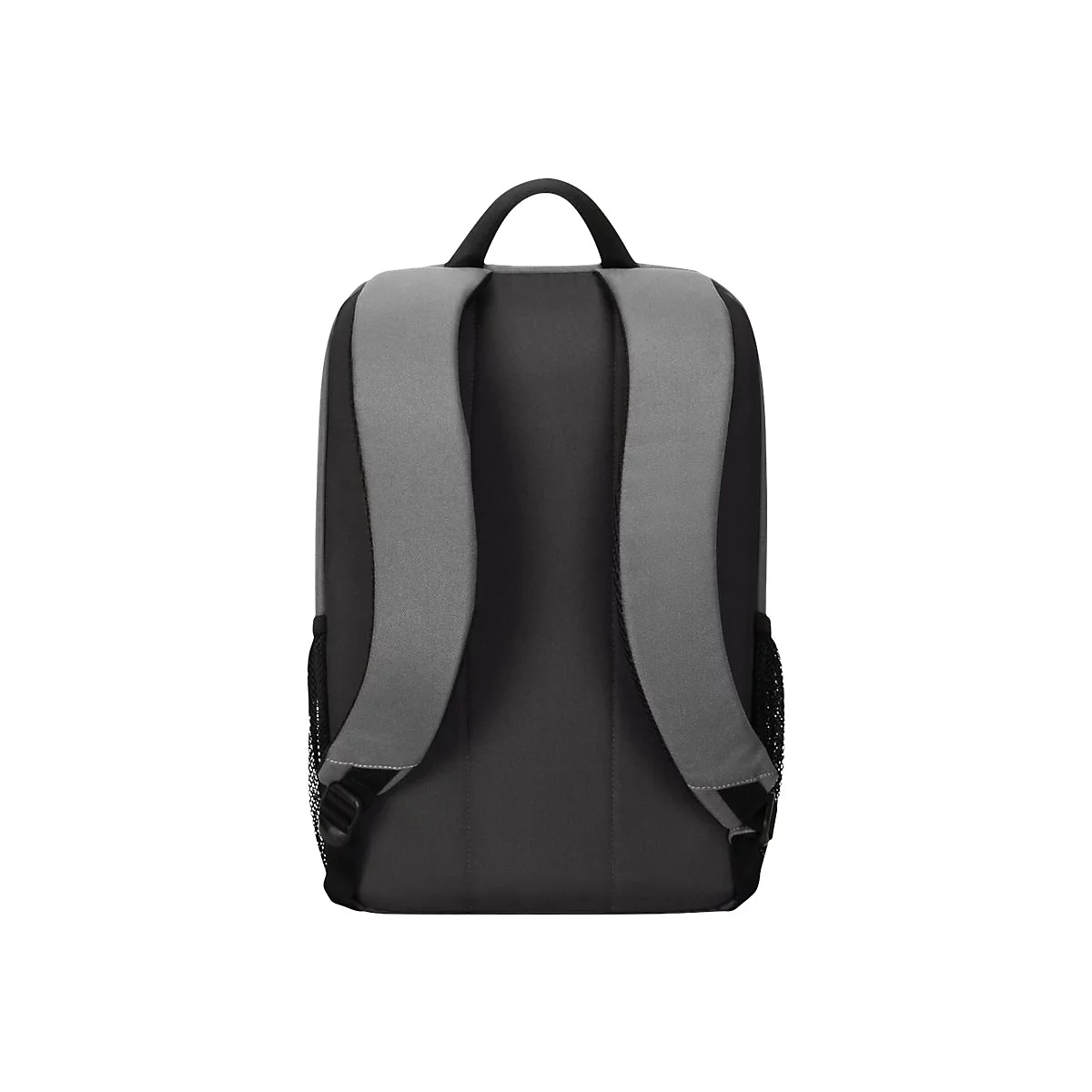 Ein schwarzer Rucksack, Rückansicht. Graue Träger, Griff oben, Netztaschen an den Seiten.