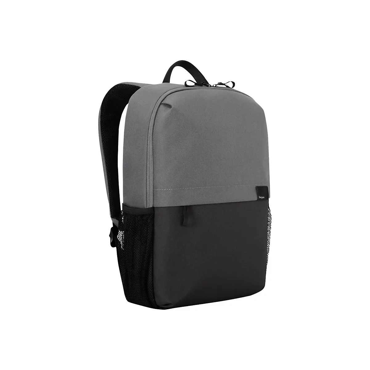 Grauer und schwarzer Rucksack, Ansicht von der Seite, schwarzer Griff oben.