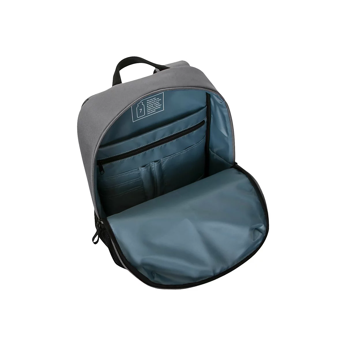 Grauer Rucksack, Blick ins Innere: Hauptfach, FÃ¤cher, Henkel, schwarze ReiÃŸverschlÃ¼sse, Innenfutter blau.