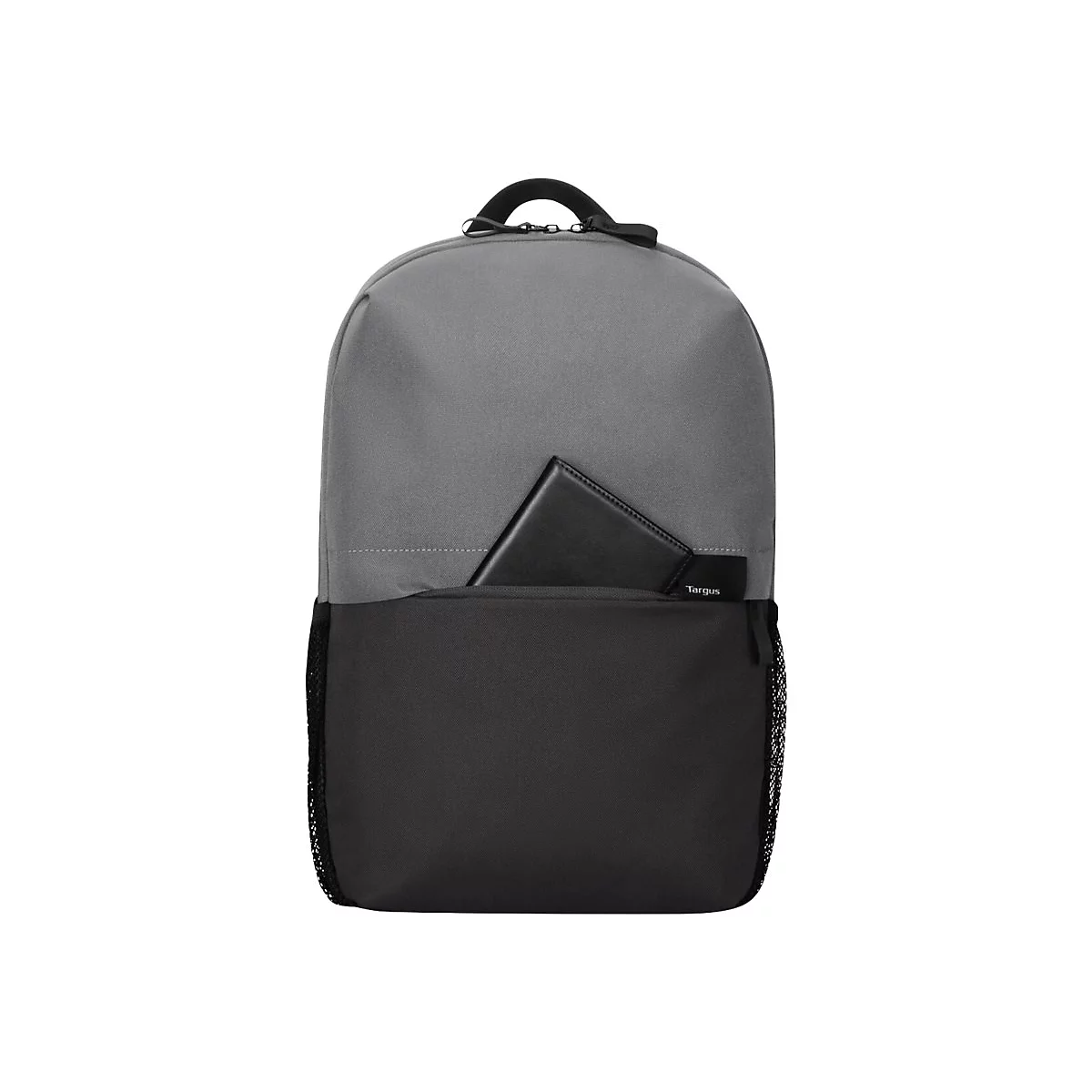 Grau-schwarzer Rucksack mit Tablet in der Tasche. Ein kleines Label ist sichtbar.
