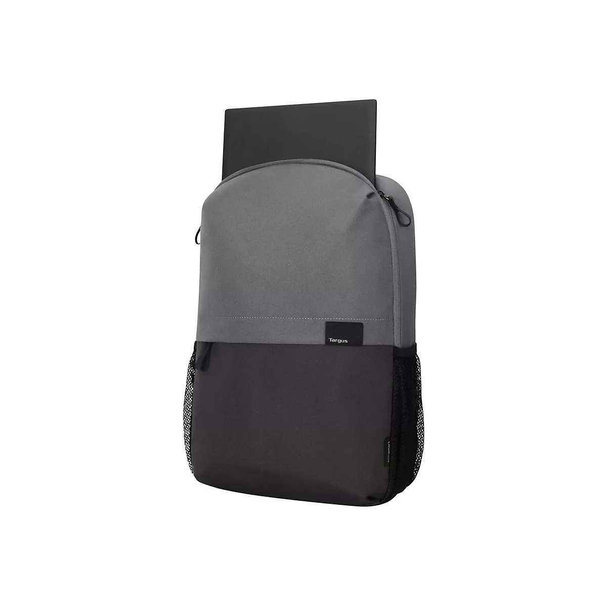Grauer und schwarzer Rucksack mit einem schwarzen Laptop, der aus der oberen Ã–ffnung herausragt.