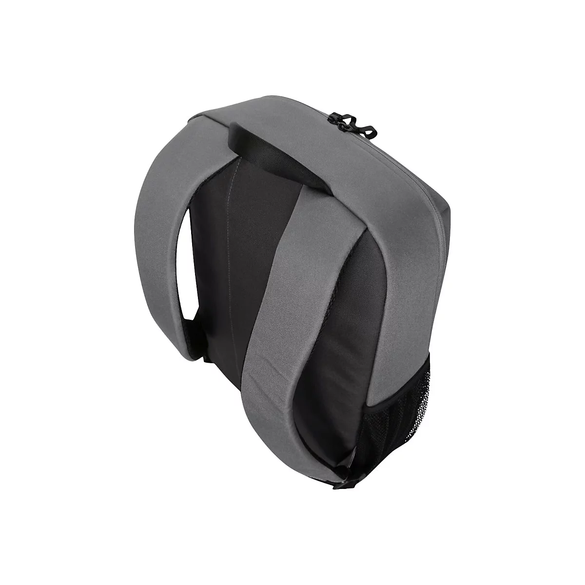 Grauer Rucksack von hinten gesehen. Die Schultergurte sind zu sehen, im Hintergrund ist der obere Teil des Rucksacks erkennbar.