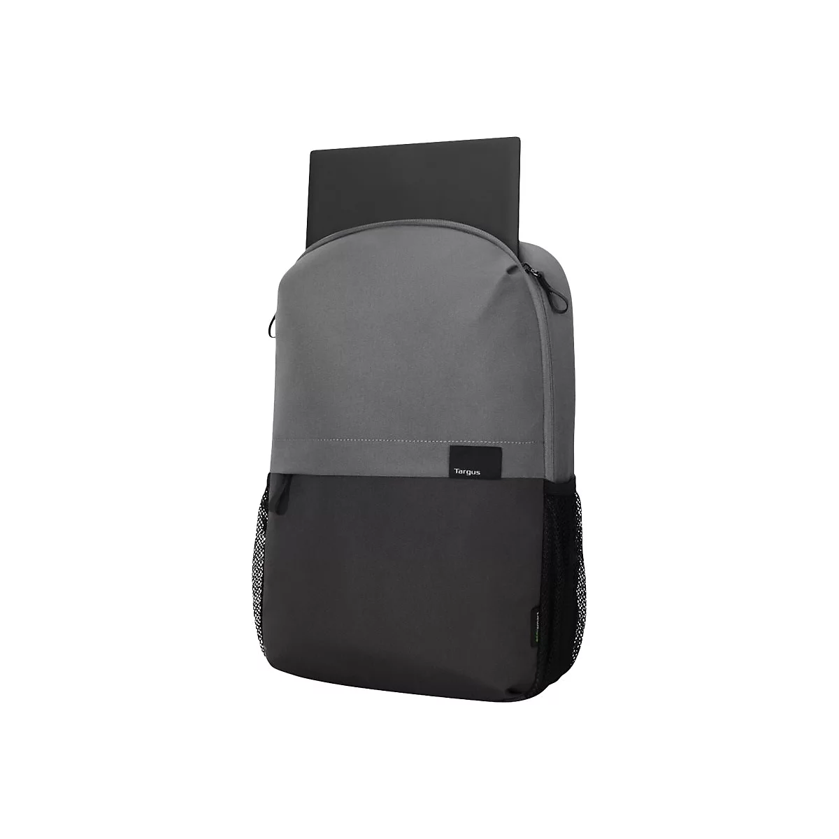 Grau-schwarzer Rucksack mit Laptop, Targus Logo. Auf weiÃŸem Hintergrund.
