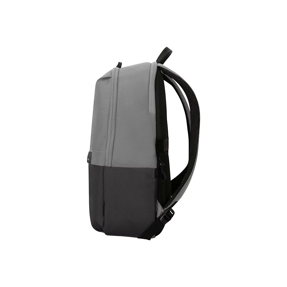 Grauer und schwarzer Rucksack im Profil vor weißem Hintergrund. Der obere Teil ist grau, der untere Teil ist schwarz.