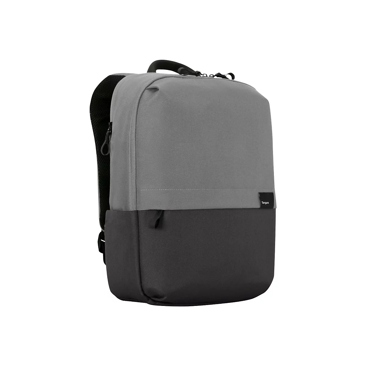 Grauer und schwarzer Rucksack, Marke Targus. Auf weißem Hintergrund.