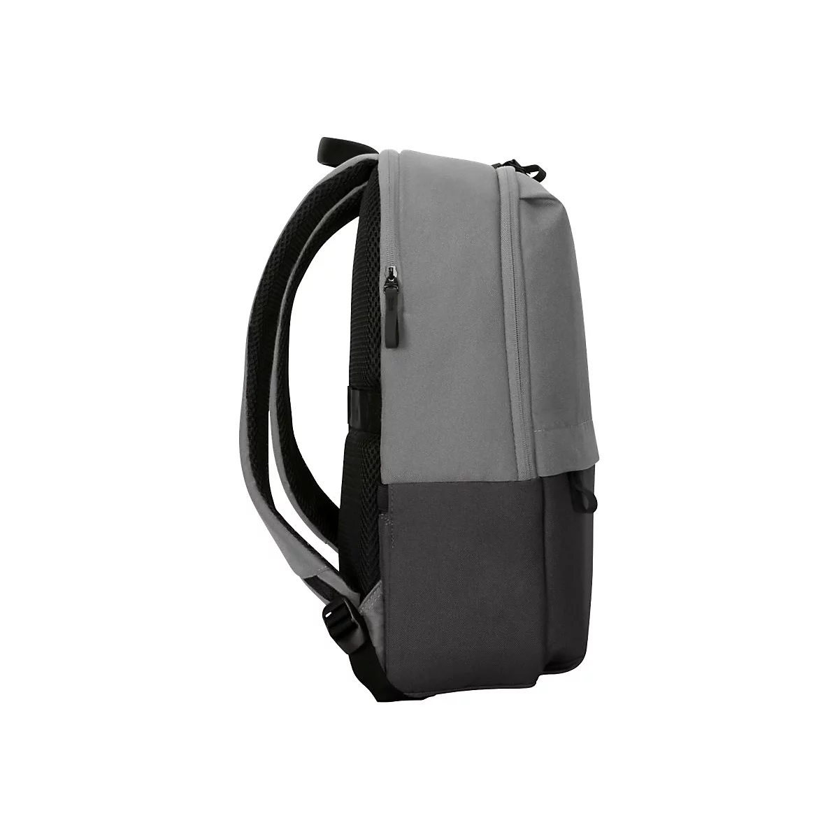 Grauer Rucksack in Seitenansicht, schwarze Träger und Reißverschlüsse.