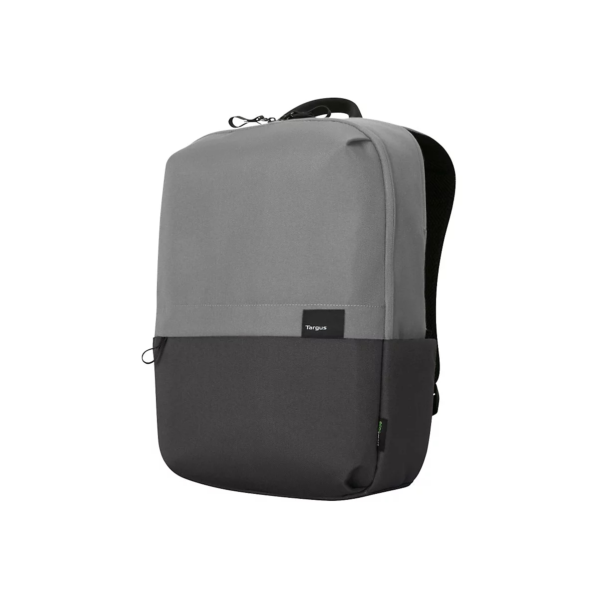 Ein grauer und dunkelgrauer Rucksack steht vor weißem Hintergrund. Der Rucksack hat das Logo "Targus" und schwarze Träger.