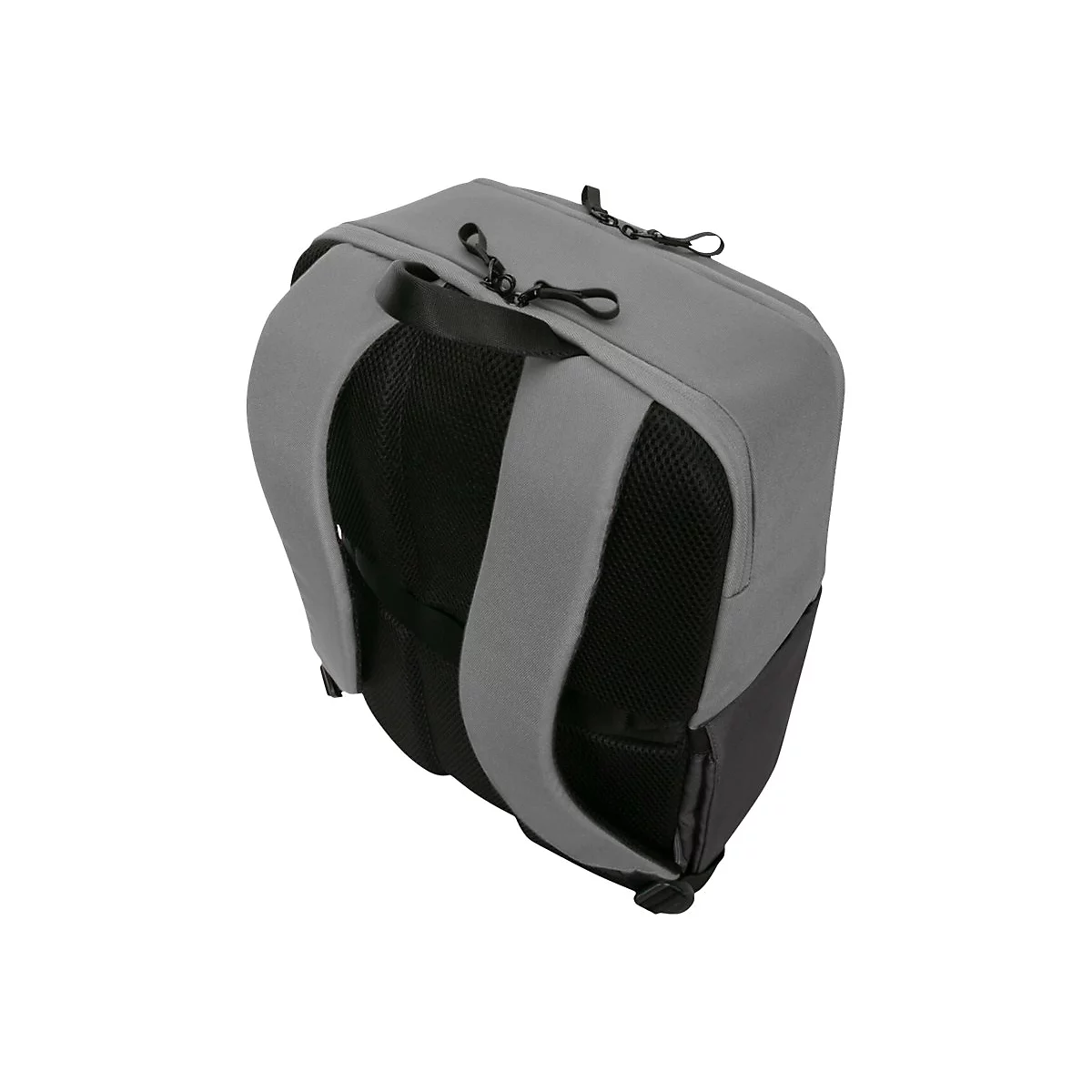 Sac à dos gris avec des détails noirs, photographié d'en haut.