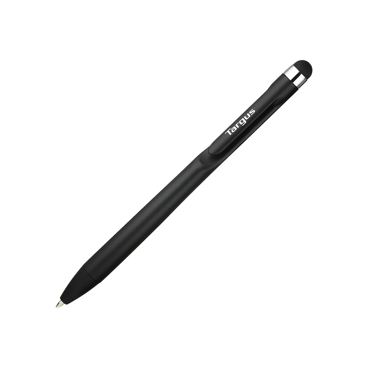 Schwarzer Stylus-Stift mit silberner Spitze. Aufschrift "Targus" auf dem Stift.