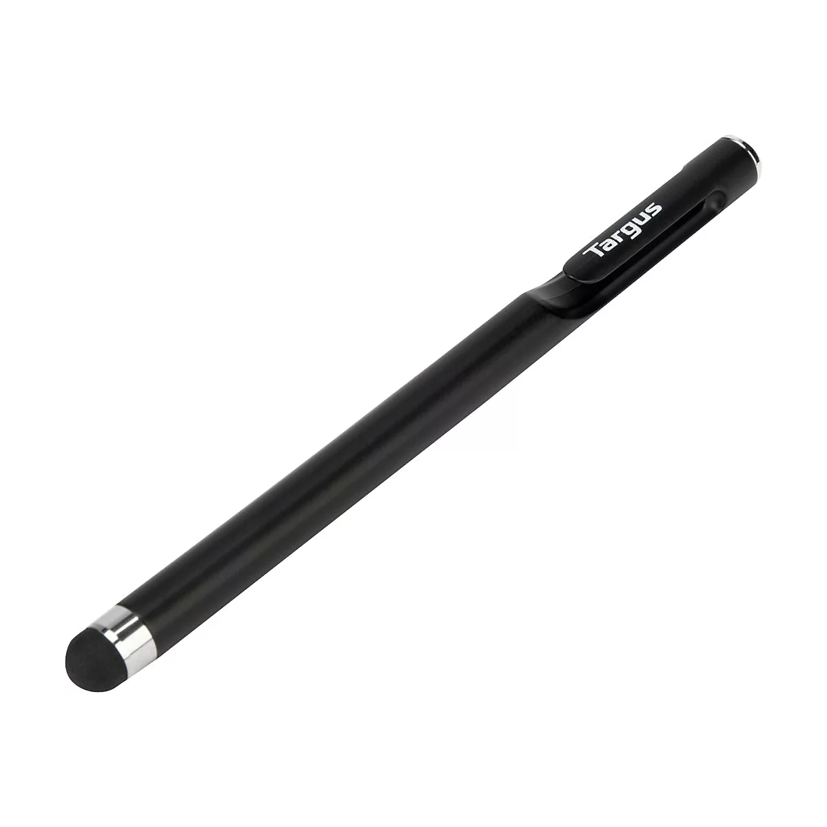 Schwarzer Stylus von Targus. Der Stift liegt diagonal vor weißem Hintergrund.