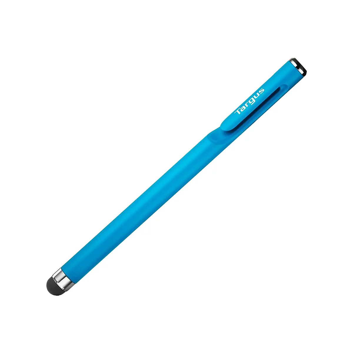 Ein blauer Targus Stylus-Stift mit silbernen Akzenten vor weißem Hintergrund.