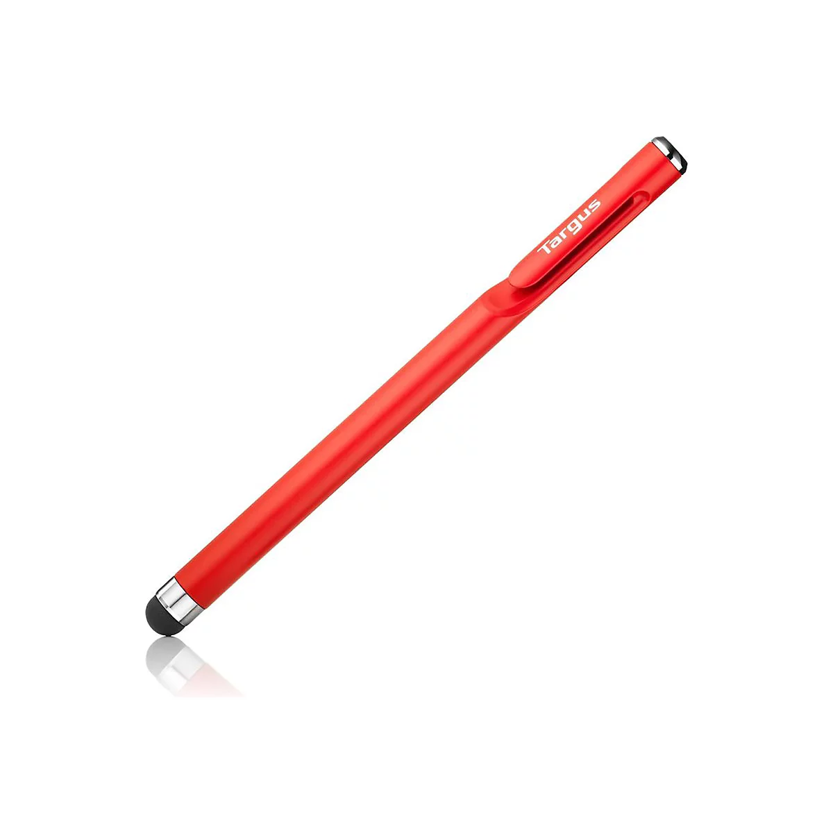 Ein roter Targus Eingabestift mit Clip auf weißem Hintergrund.