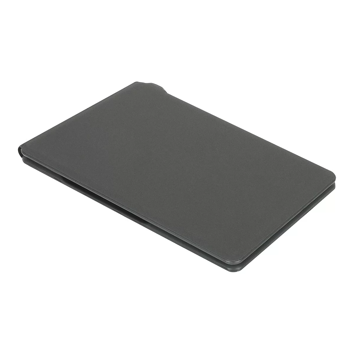 Dunkelgraue Tablet-Hülle, leicht schräg, Blick auf die Oberseite.