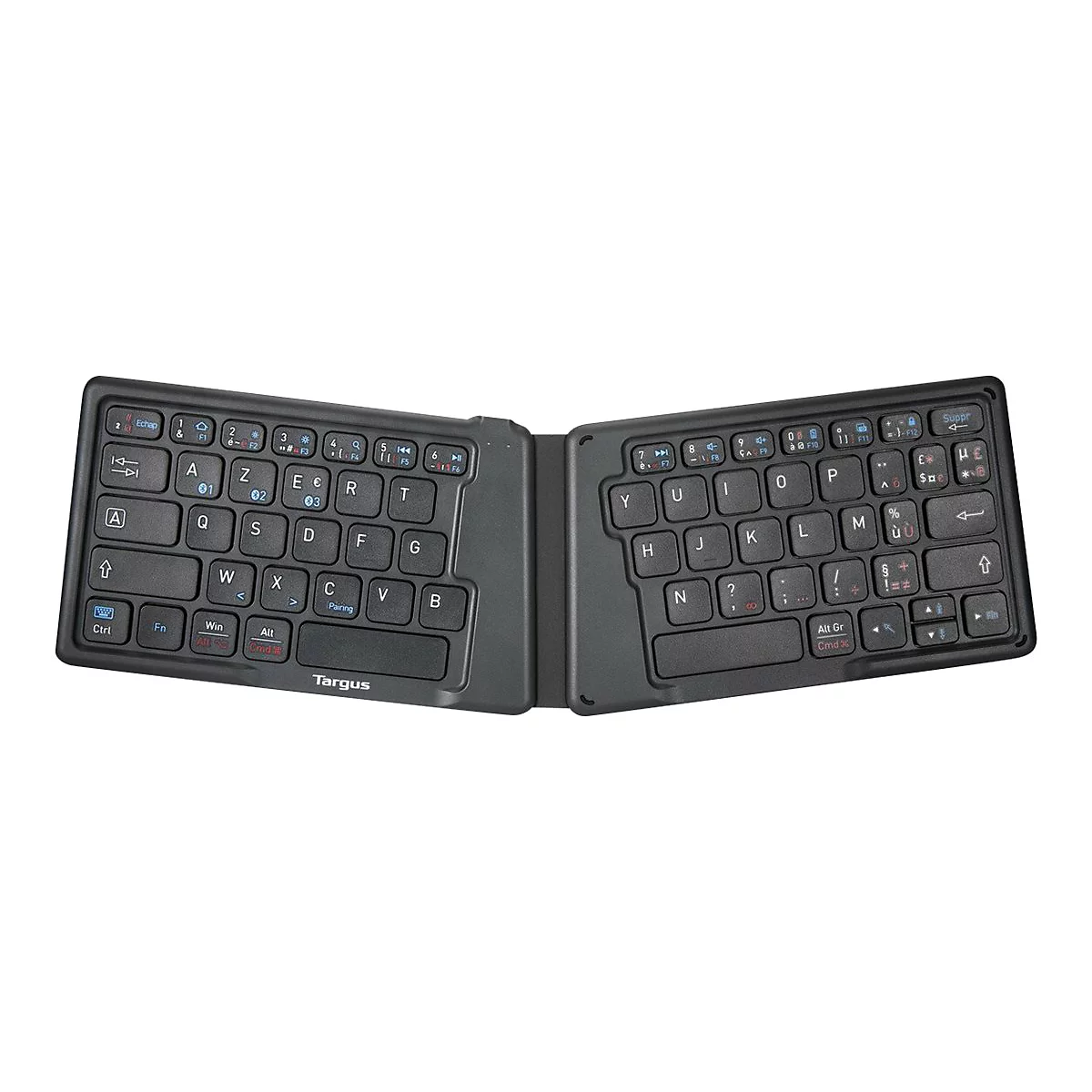 Ein schwarzes, zusammenklappbares Bluetooth-Tastatur, von oben betrachtet und auf weißem Hintergrund freigestellt.