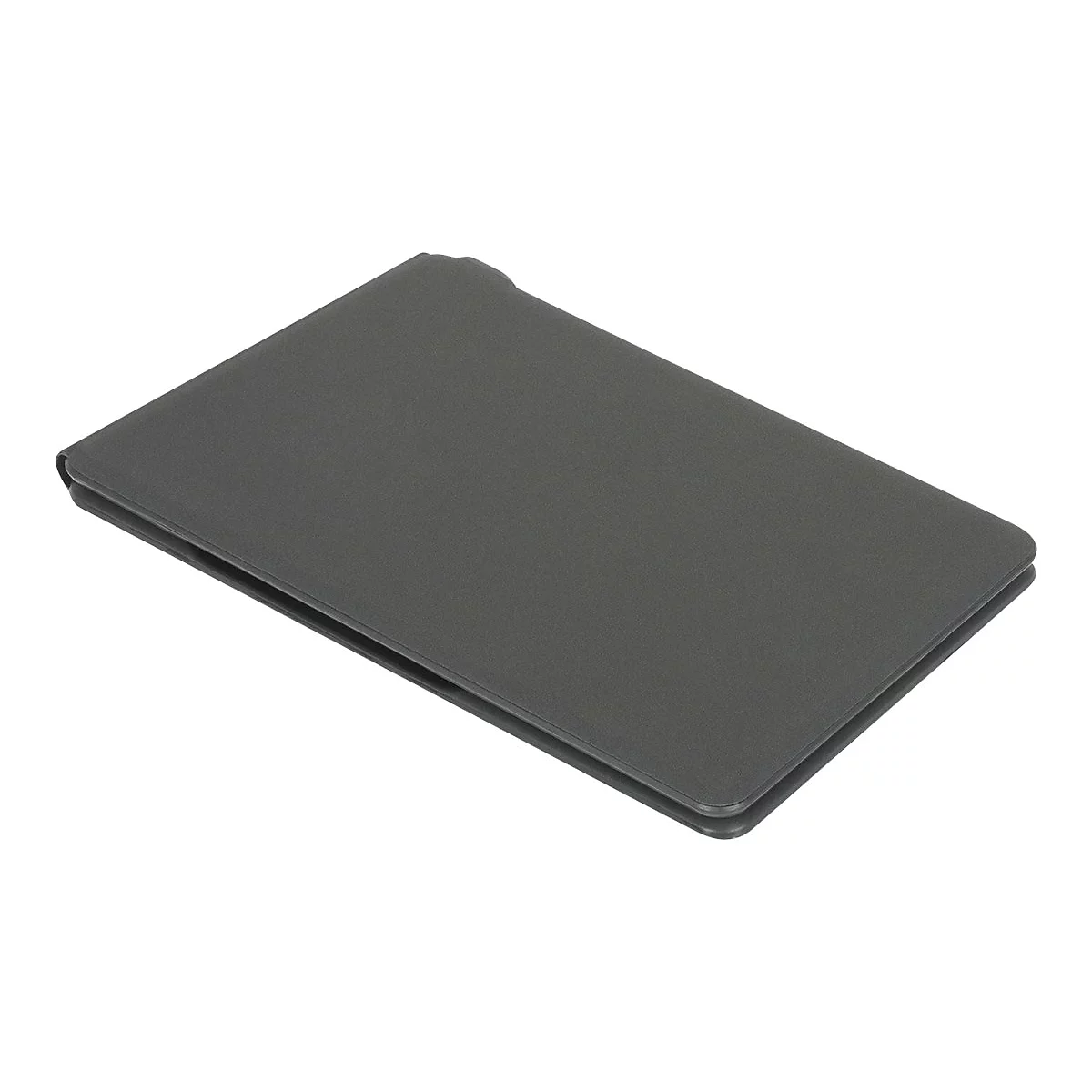 Dunkelgraue Tablet-Hülle, leicht schräg aus der Vogelperspektive.
