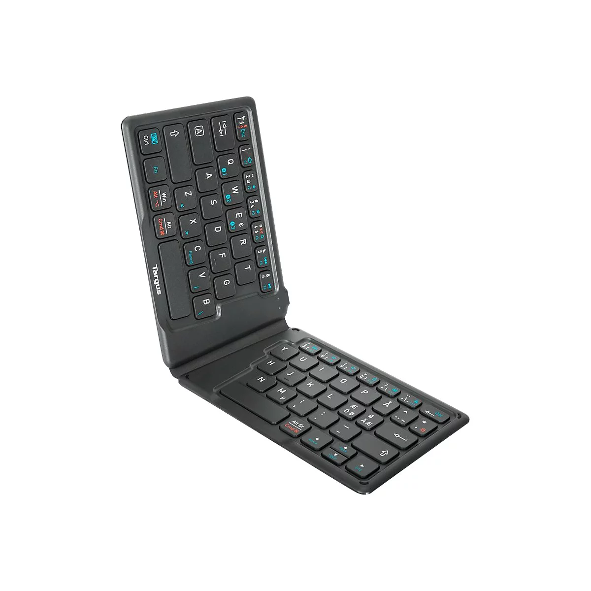 Schwarze, zusammenklappbare Bluetooth-Tastatur, Targus-Logo. Tastenbeschriftungen in Türkis und Weiß.