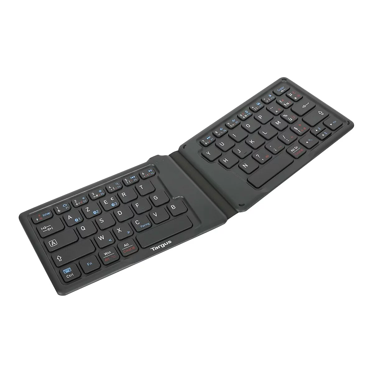 Schwarze, zusammenklappbare Tastatur mit Tastenbeschriftungen. Das Targus-Logo ist deutlich sichtbar.