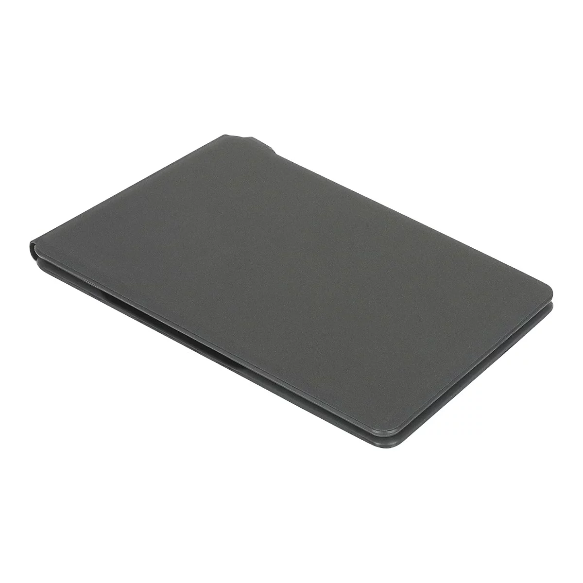 Dunkelgraue Tablet-Hülle in leicht schräger Aufsicht. Die Oberfläche ist matt, die Kanten abgerundet.