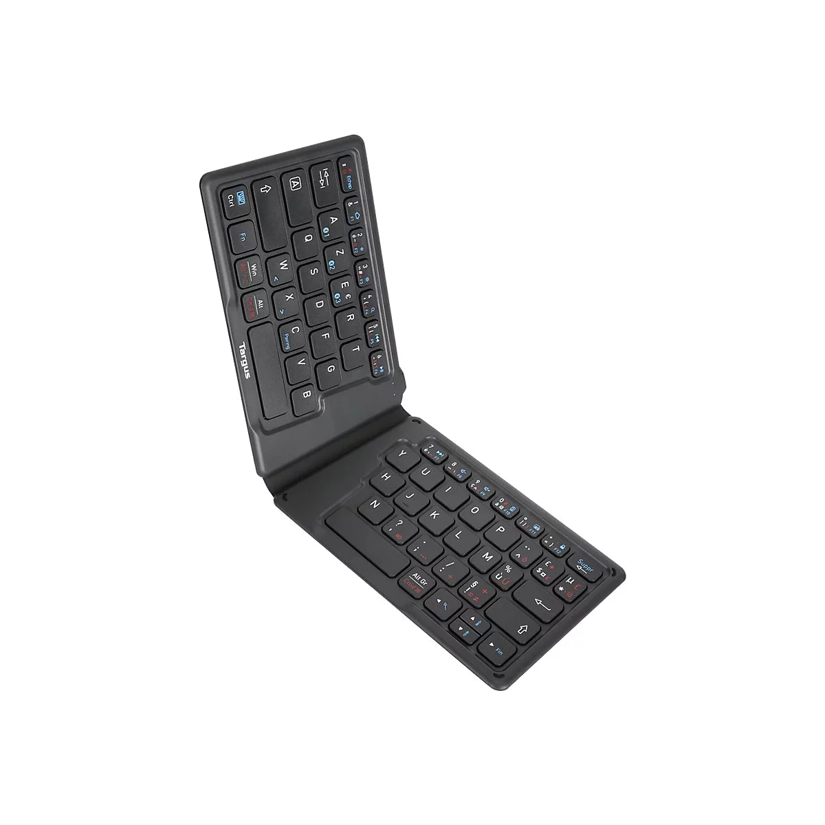 Ein schwarzes, zusammenklappbares Bluetooth-Tastatur von Targus auf weißem Hintergrund. Die Tastatur ist geöffnet und zeigt die Tasten an.