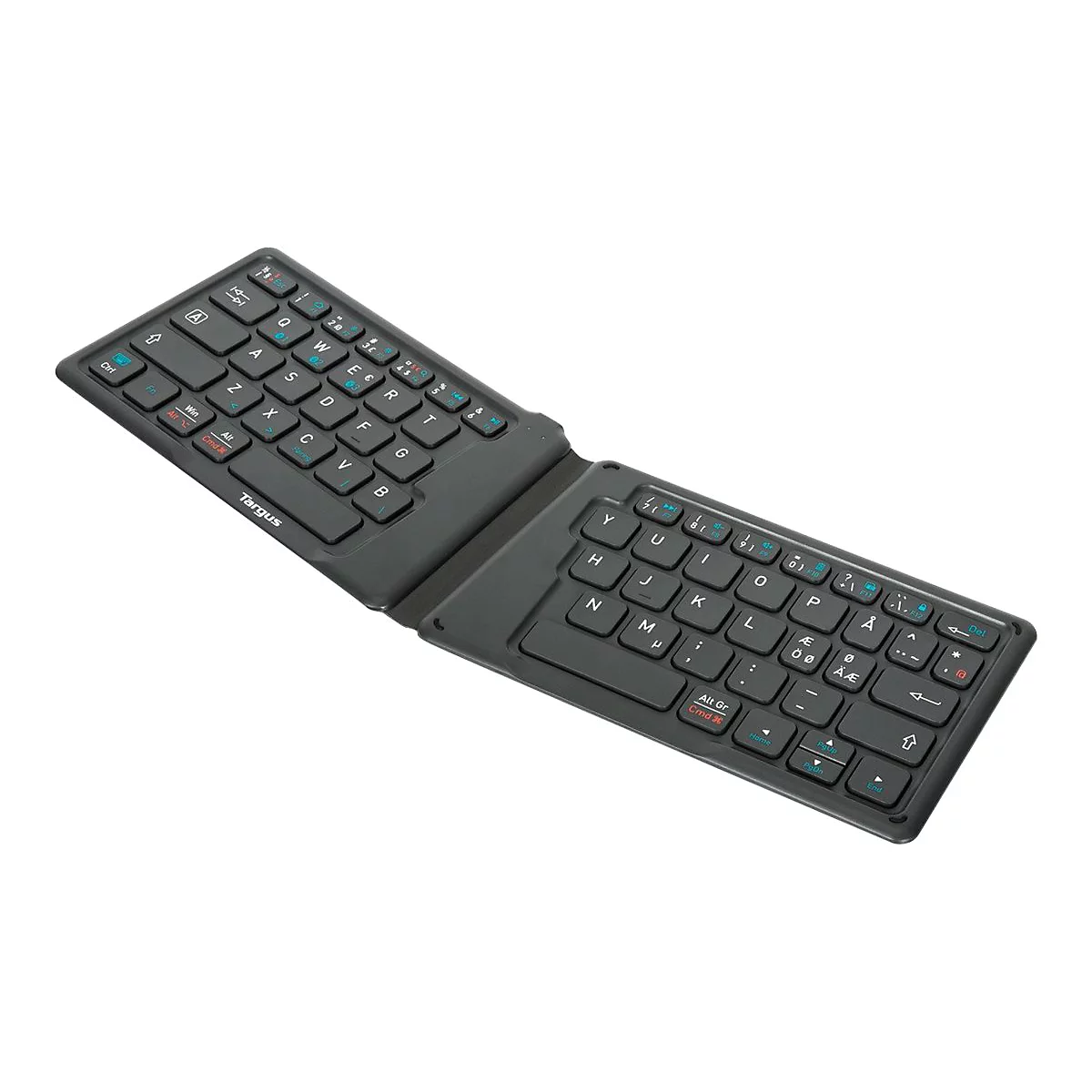 Schwarze, zusammenklappbare Bluetooth-Tastatur, ausgeklappt auf weißem Hintergrund. Mit Buchstaben und Funktionssymbolen.