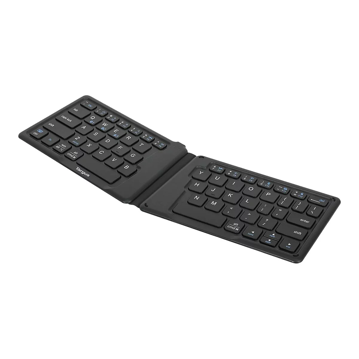 Schwarze, zusammenklappbare Bluetooth-Tastatur, ausgeklappt auf weißem Hintergrund. Mit QWERTZ-Layout und Targus-Logo.