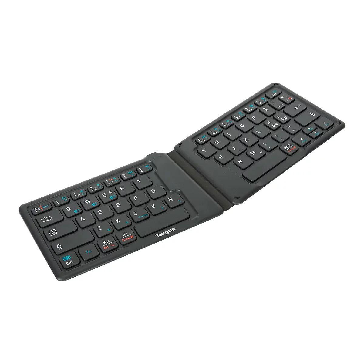 Schwarze, faltbare Bluetooth-Tastatur, offen. Tasten mit Buchstaben, Zahlen und Sonderzeichen. Marke Targus.