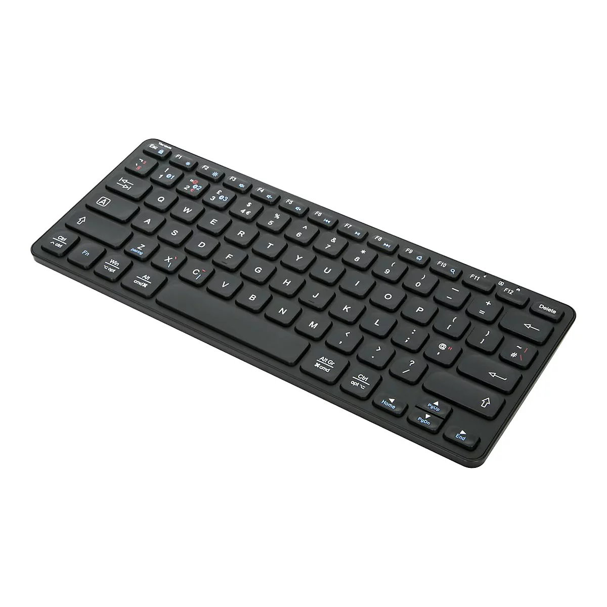 Schwarze, flache Tastatur mit weißen und blauen Buchstaben und Symbolen. Auf weißem Hintergrund isoliert.