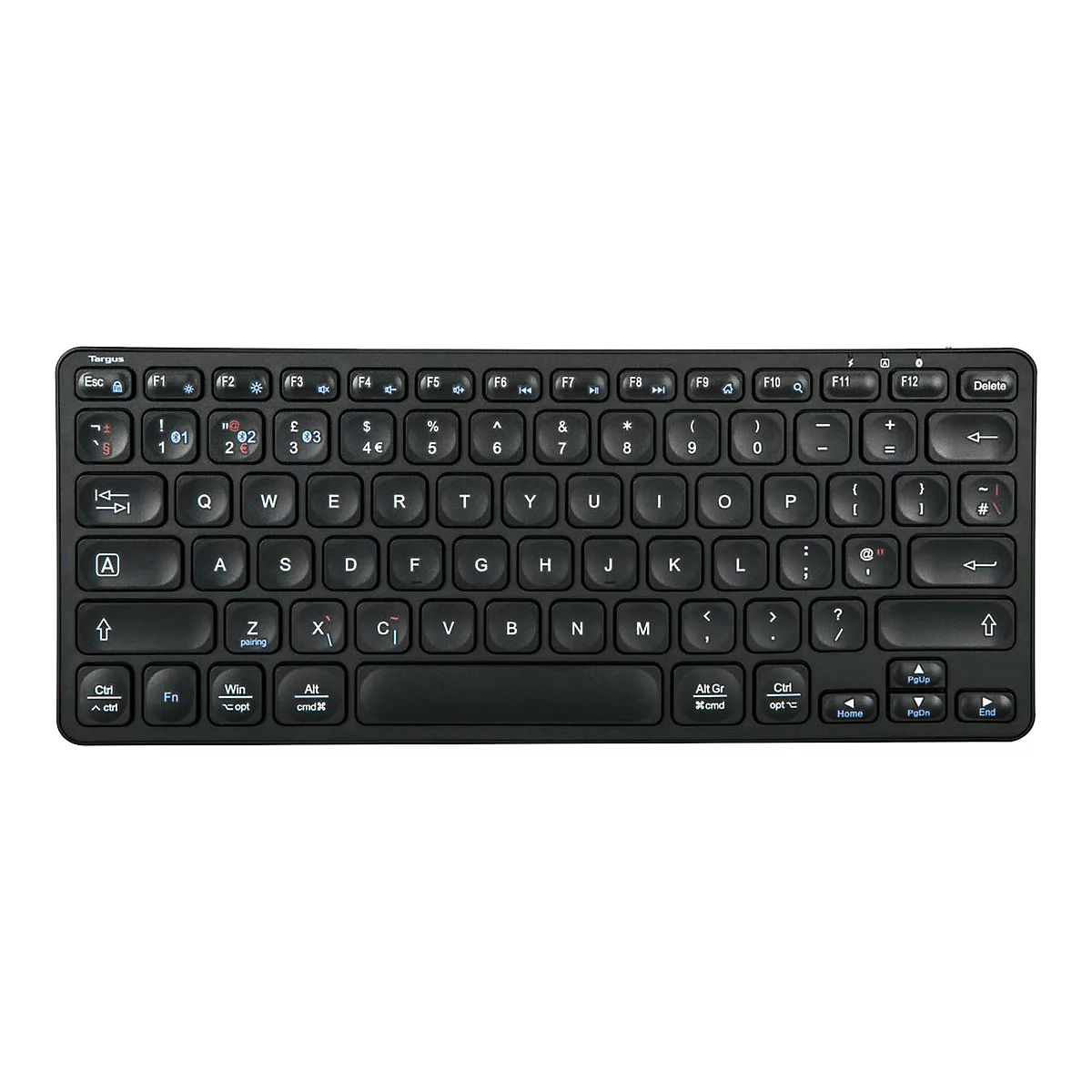 Schwarze, kompakte Tastatur mit weißen Buchstaben und Symbolen. Oben: F-Tasten, darunter Buchstaben, Zahlen, Sonderzeichen, Funktionstasten.