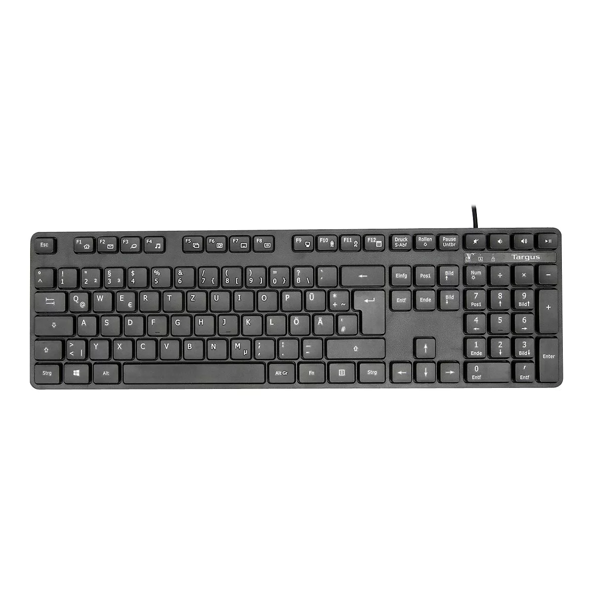 Schwarze Targus Tastatur, Draufsicht. Auf der Oberseite sind Funktions- und Pfeiltasten zu sehen, darunter ein vollständiges QWERTZ-Tastenfeld mit Ziffernblock.