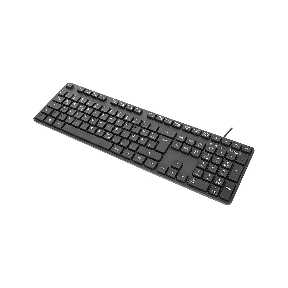 Schwarze Computertastatur auf weißem Grund. Buchstaben, Zahlen und Sondertasten sind deutlich sichtbar.