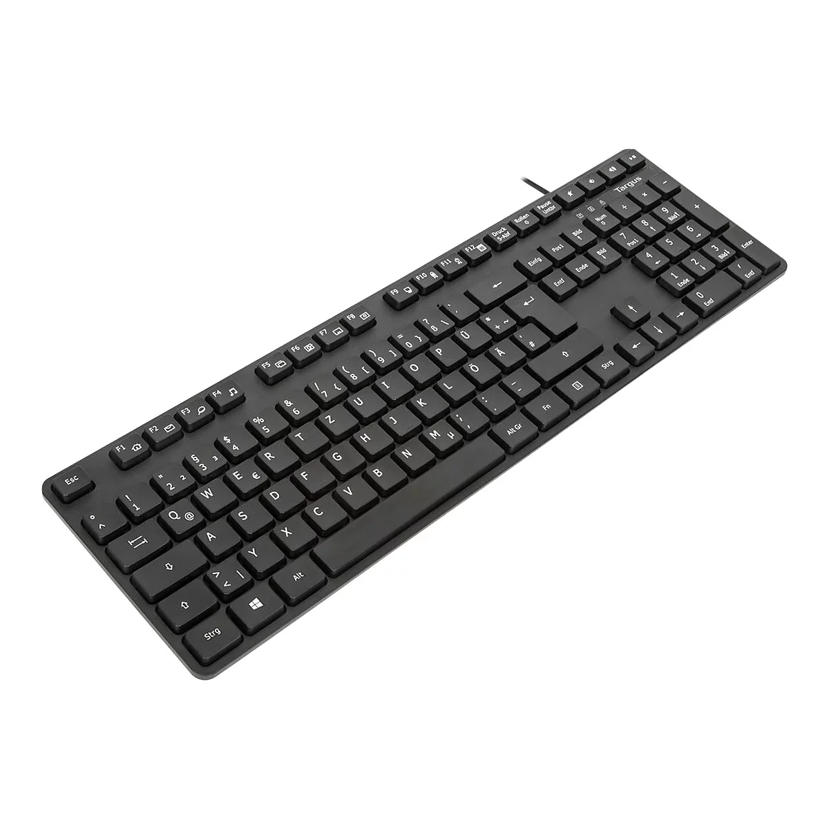 Schwarze Targus-Tastatur mit weißen Buchstaben und Ziffern auf weißen Hintergrund. Die Tastatur ist leicht schräg und von oben fotografiert.