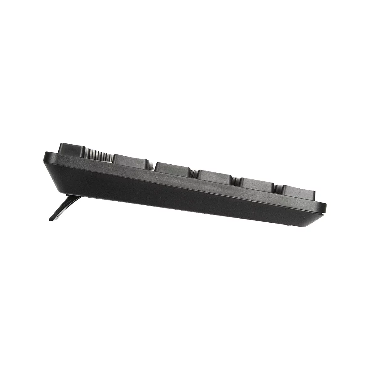 Seitenansicht einer schwarzen Tastatur mit ausgeklapptem Ständer. Tasten oben, Basis unten, weißer Hintergrund.