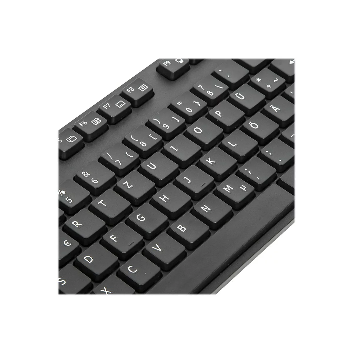 Nahaufnahme einer schwarzen Tastatur mit weißen Buchstaben und Zahlen. Tasten sind quadratisch und leicht erhöht.