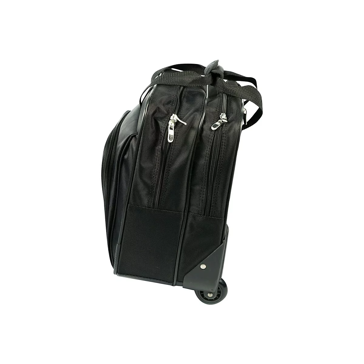 Valise à roulettes noire de côté, fermetures éclair, poignée, roues.