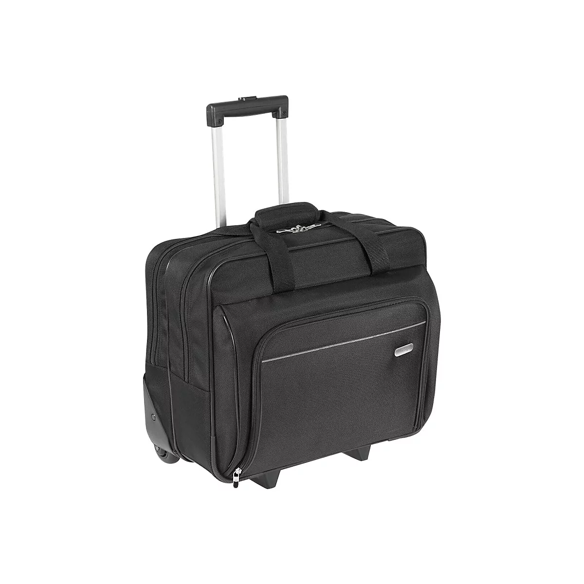 Valise à roulettes noire avec poignée extensible et deux roues sur fond blanc.