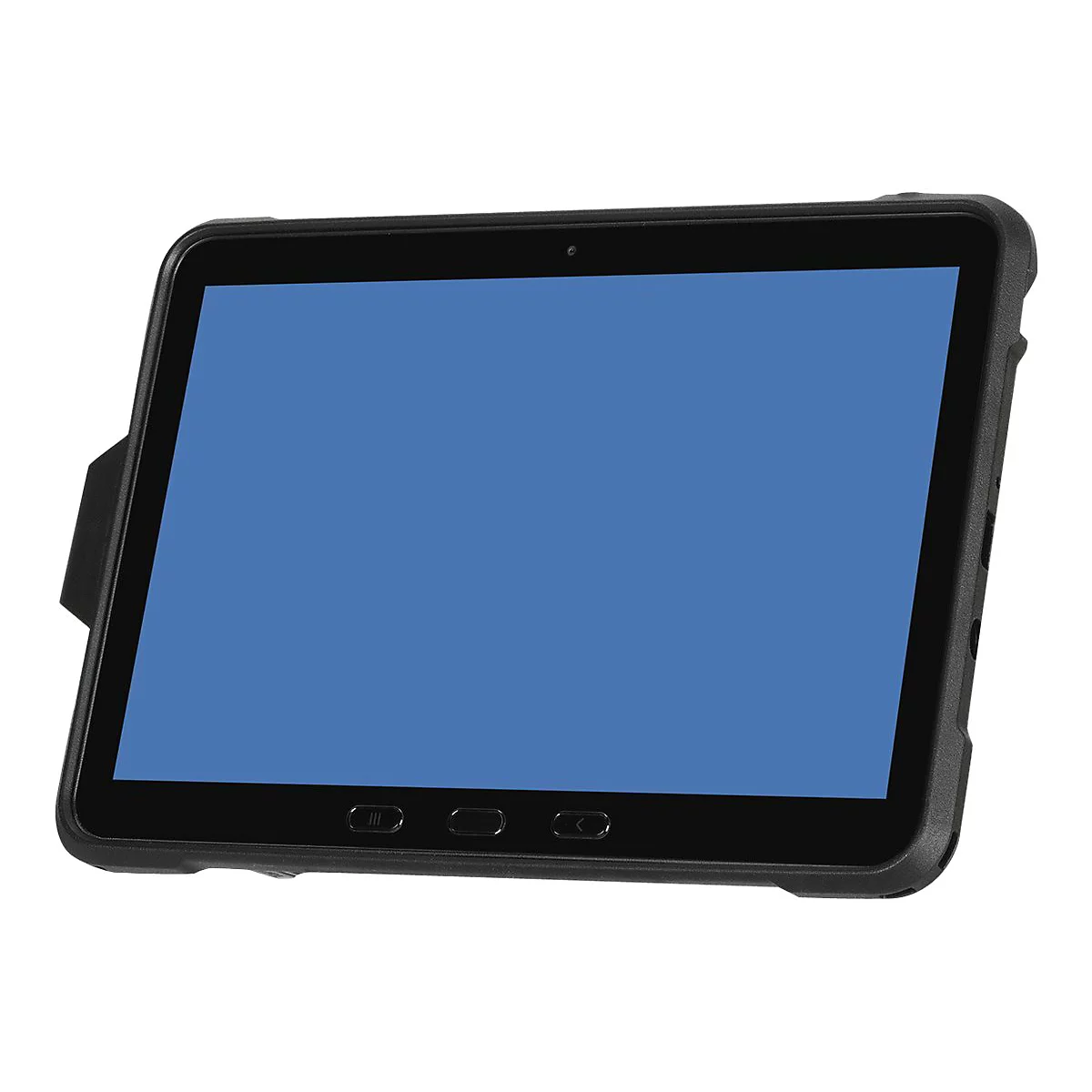Tablette noire avec un écran bleu dans un étui de protection robuste. La tablette est montrée légèrement inclinée de face.