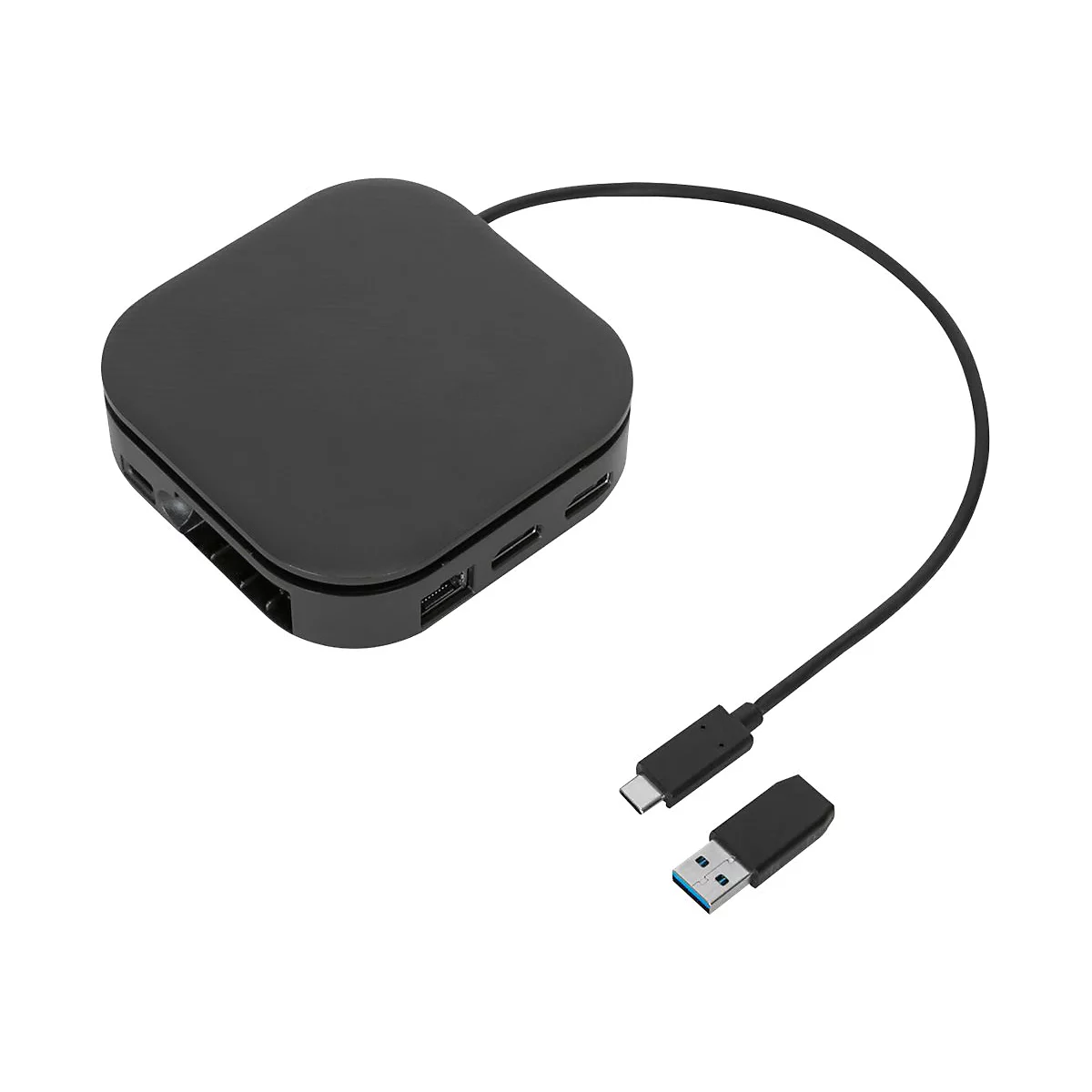Ein schwarzer, quadratischer USB-Hub mit angeschlossenem USB-C-Kabel und einem USB-Stick.