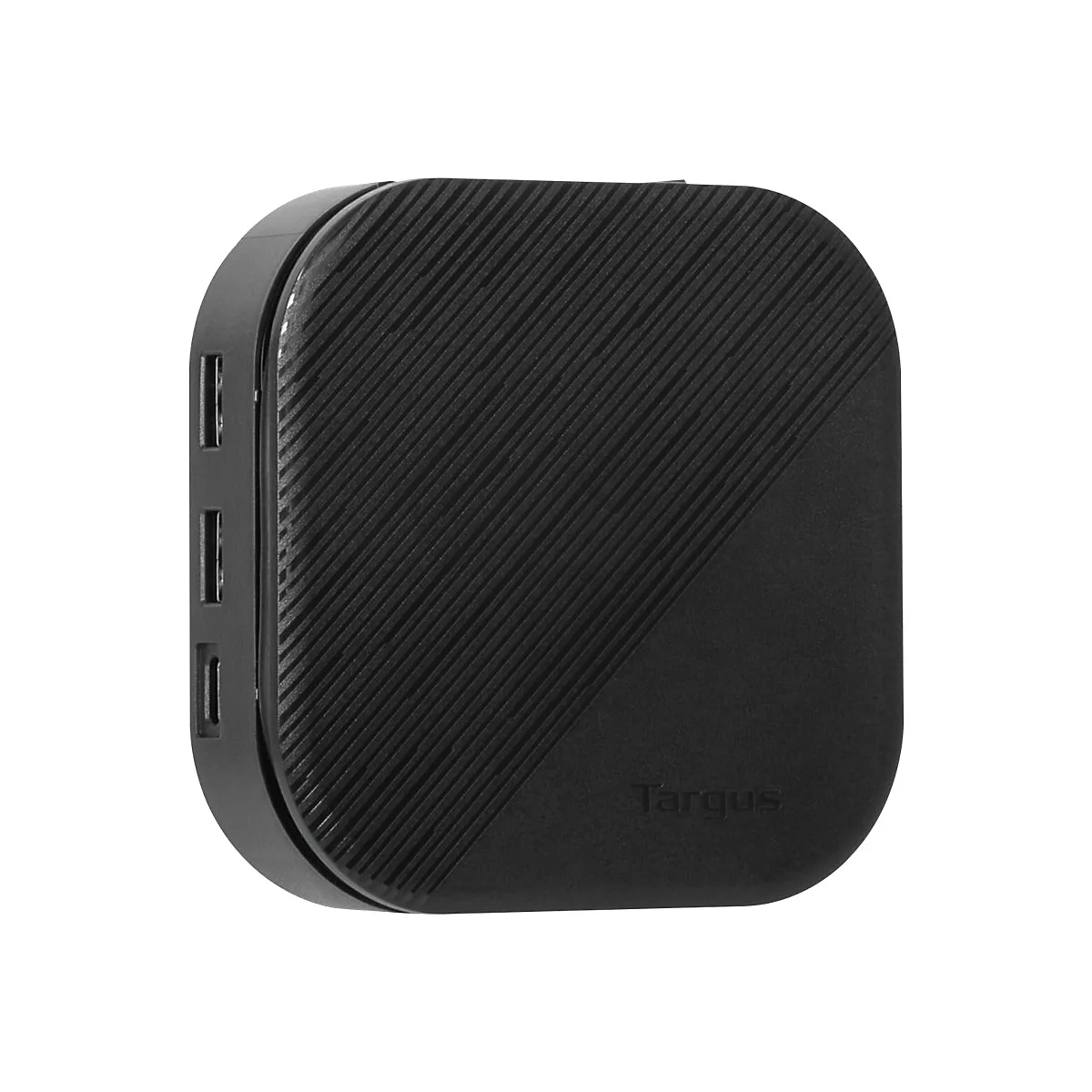 Schwarzer USB-Hub von Targus. Er hat vier USB-AnschlÃ¼sse. Die OberflÃ¤che ist mit diagonaler Textur versehen.
